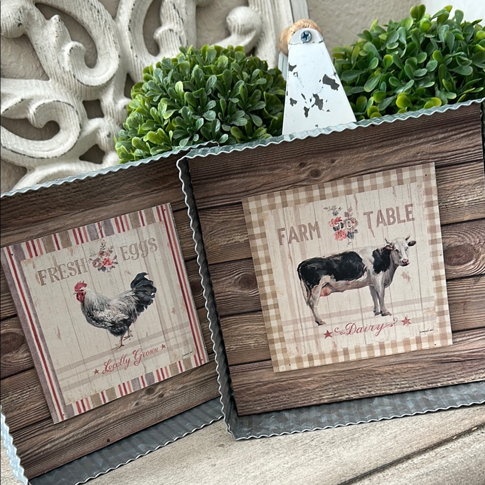 Rustic Farmhouse Cottage Shabby Chic tabletop/Wall Art Set with wood and metal